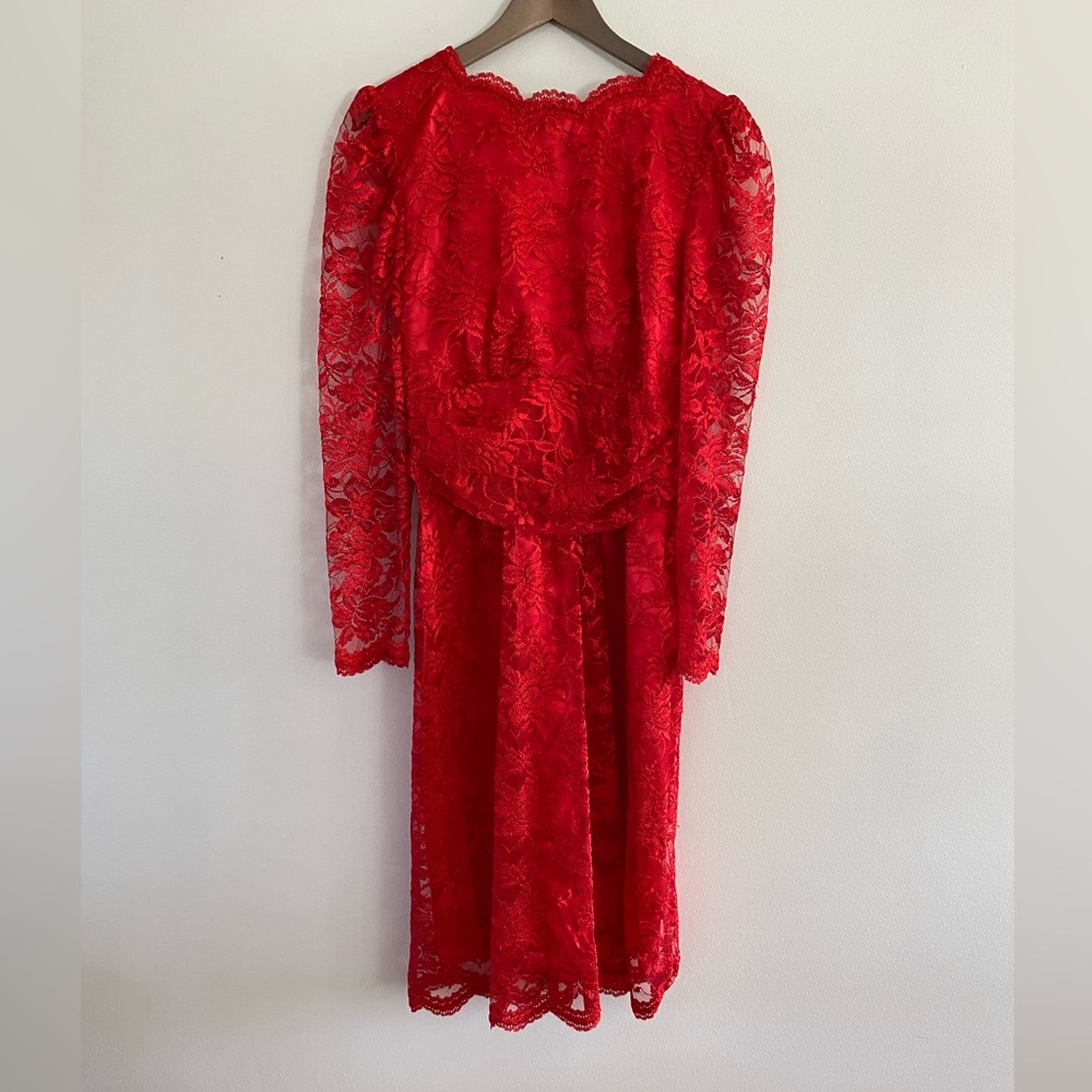 Vintage 70s/80s Red Lace Handmade Dress with Open V Back